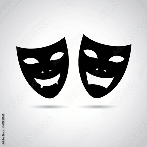 Two contrasting black masks depicting comedy and tragedy, placed against a gray gradient. Shadows suggest depth