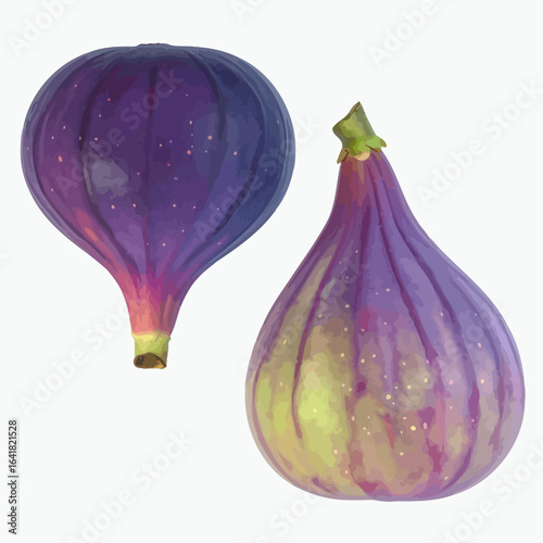 Two ripe figs, one dark purple and the other with a yellow and purple hue, against a white backdrop, digitally rendered