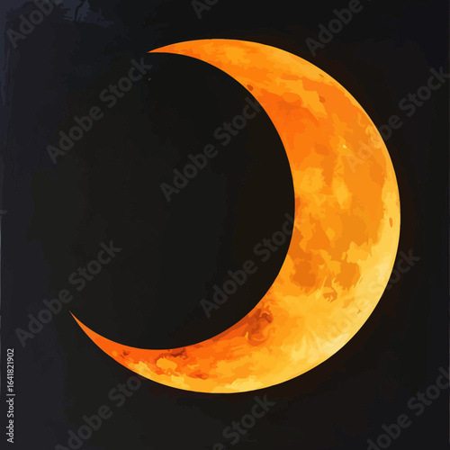 Watercolor crescent moon in shades of orange and yellow against a dark night sky, rough textured