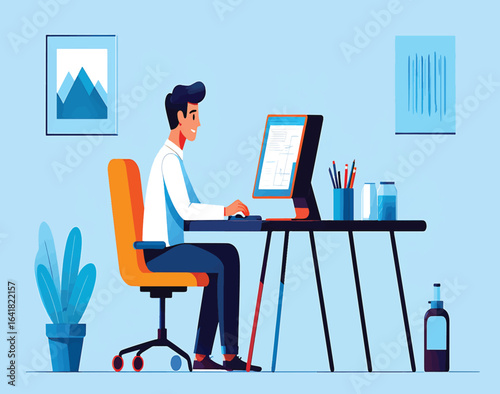 Modern flat vector illustration of a young man working on a computer at his desk. Office worker character in a minimalist workspace concept.