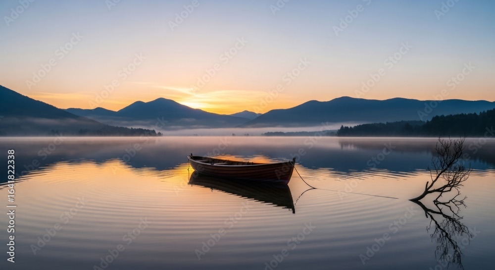 Fototapeta premium Serene Sunrise: A Boat on a Misty Lake