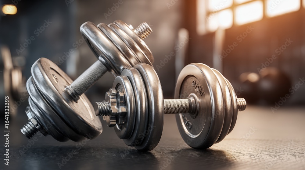 Naklejka premium Dumbbells Close-up on Gym Floor: Professional Fitness Equipment for Strength Training and Exercise