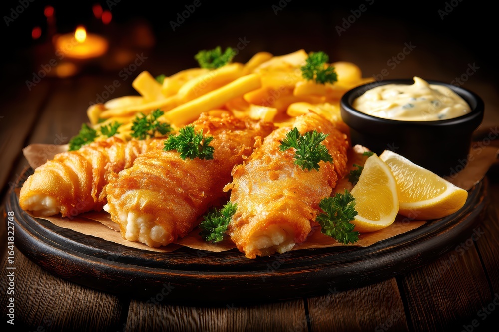 Golden fried fish fillets with crispy fries, lemon wedges, parsley garnish, and a side of creamy tartar sauce on a rustic wooden plate Golden fried fish fillets with crispy fries, lemon wedges, parsley garnish, and a side of creamy tartar sauce on a rustic wooden plate
