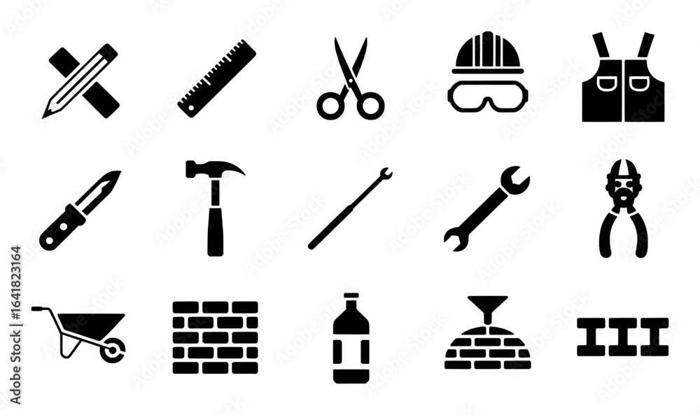 Obraz premium Construction tools safety equipment and building materials icons vector illustration
