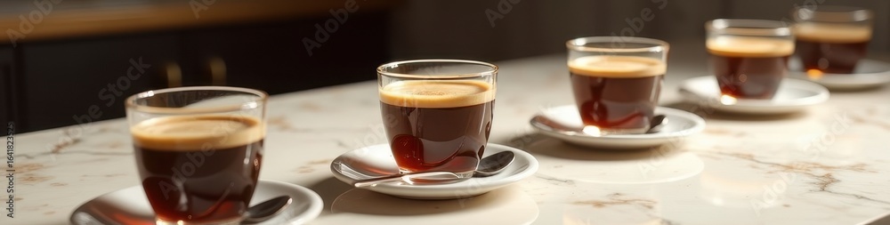 Luxury coffee tasting setup with cold brew glasses and elegant porcelain cups on a marble counter, refined beverage experience. Luxury coffee tasting setup with cold brew glasses and elegant porcelain cups on a marble counter, refined beverage experience.