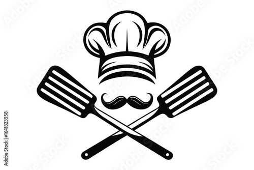 Black chef hat, mustache, and crossed slotted spatulas on a white background