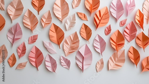 Flatlay of pastel orange and pink paper leaves arranged in a seamless pattern on a clean white background.