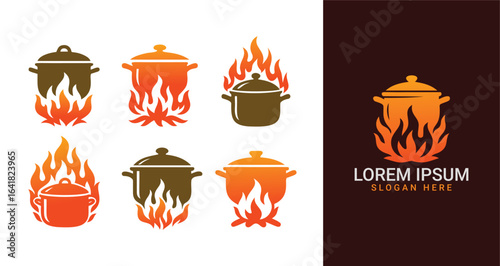 Cooking Pot on Fire Logo Set – Hot Kitchen and Boiling Food Icons for Restaurant & Culinary Design

