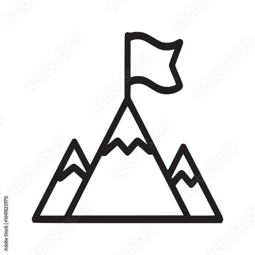 Illustration of mountain range with flag at peak in black outline on a white background design vector