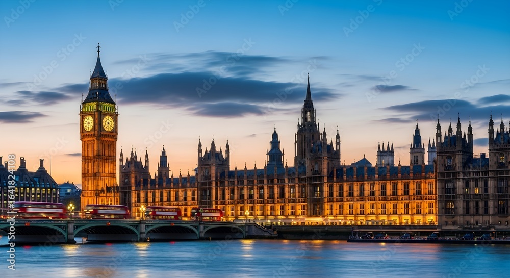 Fototapeta premium London's Iconic Parliament at Dusk: Big Ben, Bridges, and Golden Hour Glow
