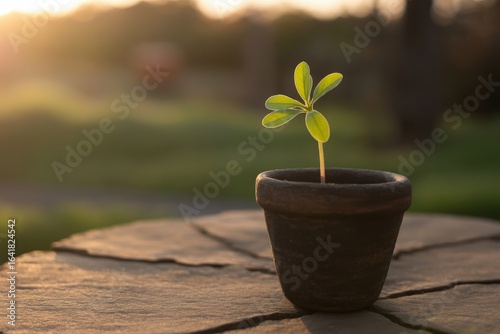 Young plant in a pot bathed in golden hour sunlight