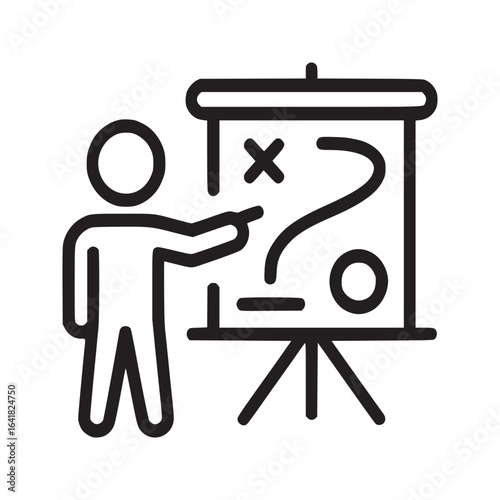 Illustration of a person presenting a strategy on a whiteboard with symbols and a question mark