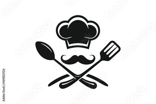 Black chef hat, mustache, spoon, and fork are displayed elegantly on a white background