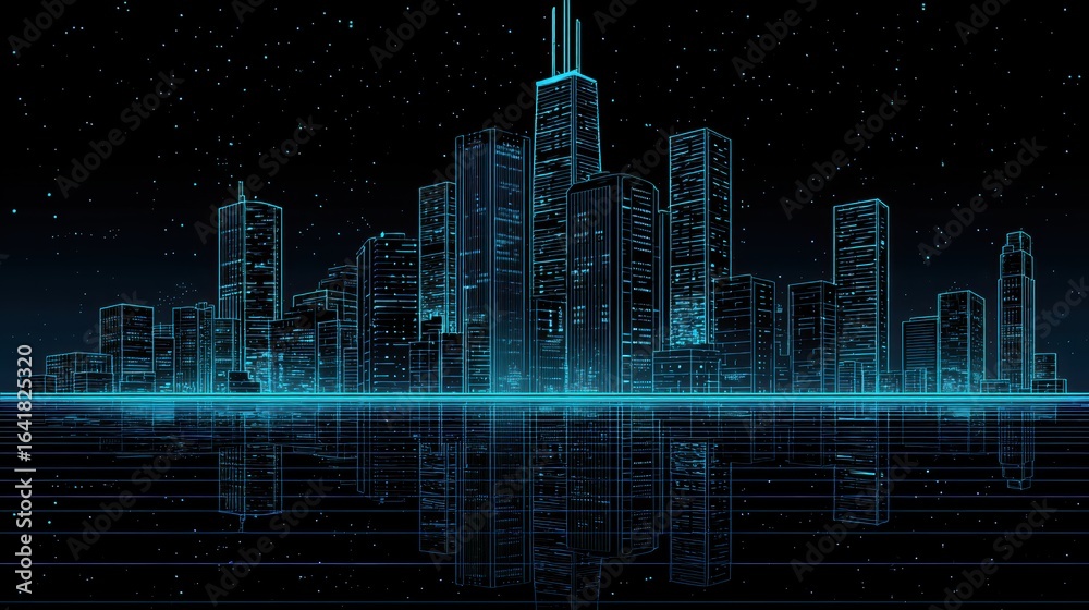 Fototapeta premium Futuristic neon city skyline with glowing blue outlines, reflected on a grid surface under a starry night sky