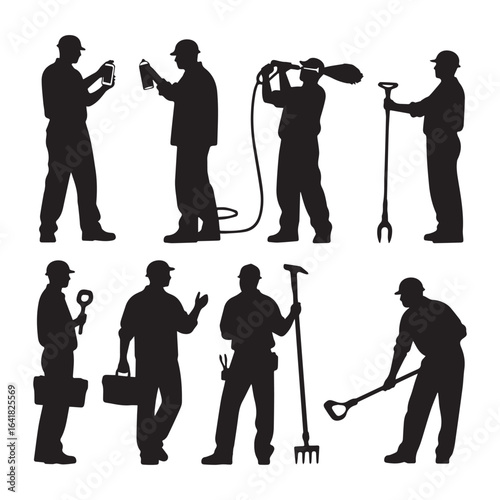 A set of 12 black silhouette illustrations of construction and maintenance workers in various poses against a white background. 