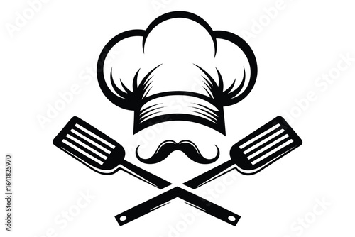 A chef's hat sits above a handlebar mustache and crossed spatulas on a white background