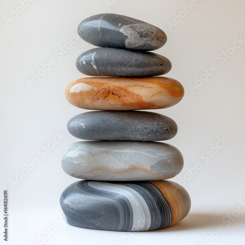 Stacked Polished River Stones in a Column with a Natural Stone Texture on a Plain Background