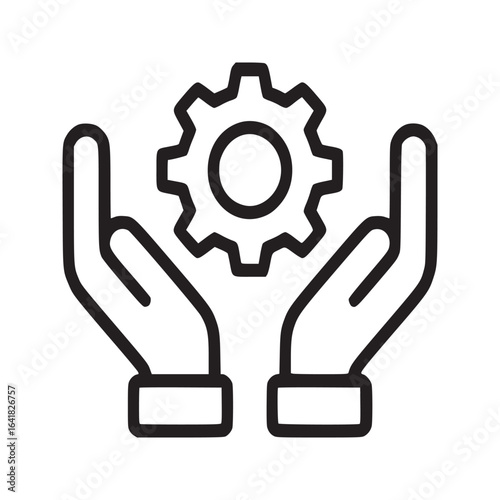 Two hands holding a gear icon in a simple line drawing style on a white background design element