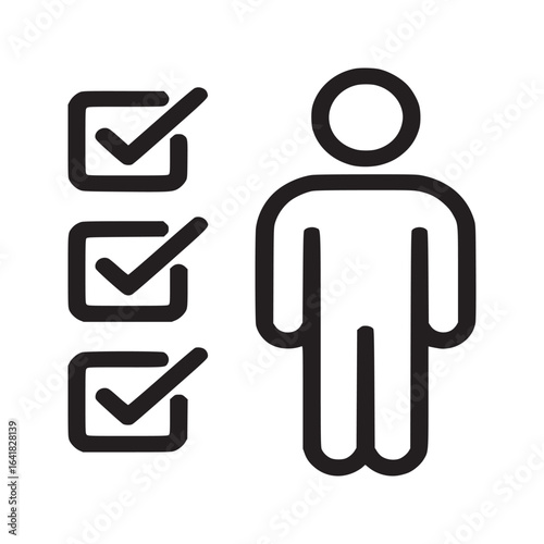 A person icon standing next to three checkboxes with checkmarks in a black and white illustration