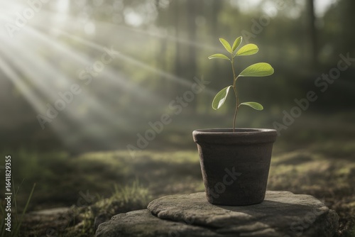 Young plant in pot bathed in sunlight rays in forest