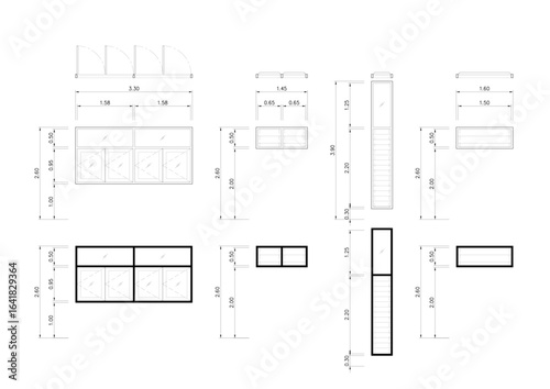 Architectural door and window elevation drawings with detailed dimensions, sections, and frame styles. Includes line weight variations for design presentation.