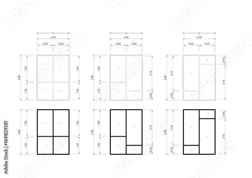 Architectural door and window elevation drawings with detailed dimensions, sections, and frame styles. Includes line weight variations for design presentation.