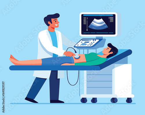 A male doctor performs an abdominal ultrasound scan on a female patient. Medical diagnostic procedure concept. Vector illustration.