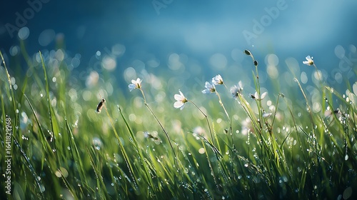 A serene morning scene with dewkissed grass and delicate wildflowers, capturing the essence of spring and the beauty of nature