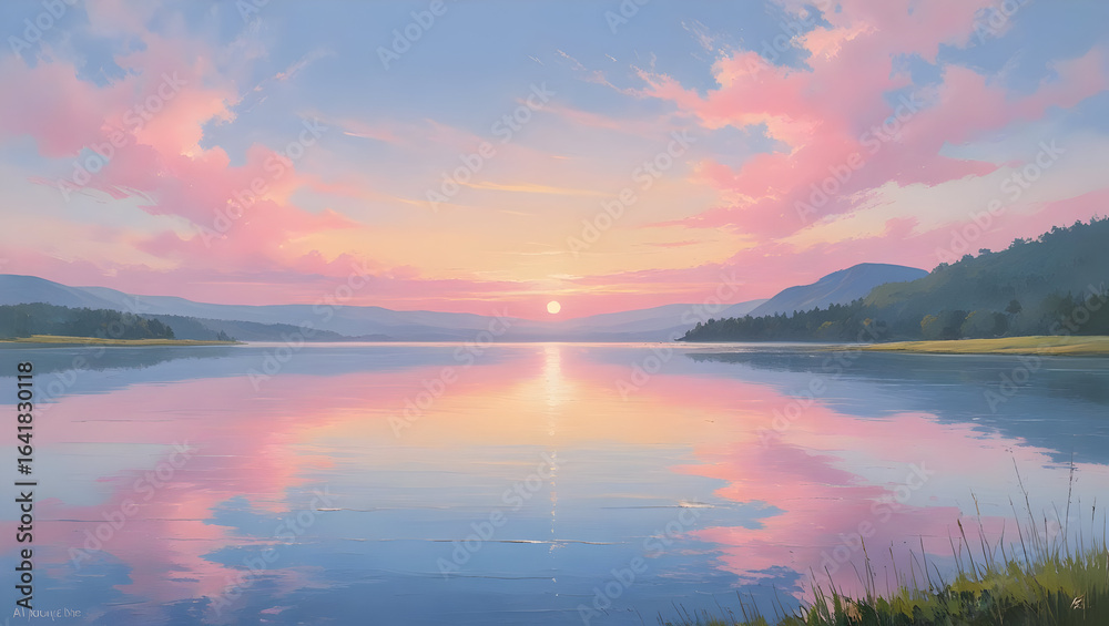 Fototapeta premium Peaceful Sunrise Over a Calm Lake with Pastel Pink Sky