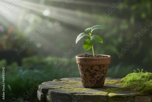 Young plant growing in a pot bathed in sunlight