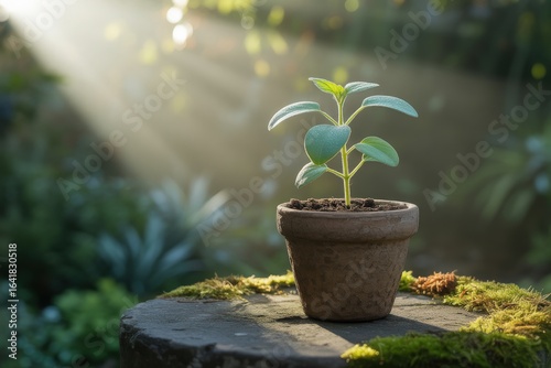 Young plant in pot bathed in golden sunlight on mossy stump