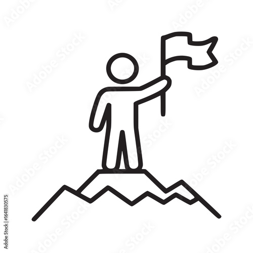 A person standing on a mountain peak holding a flag in a line art style on a white background