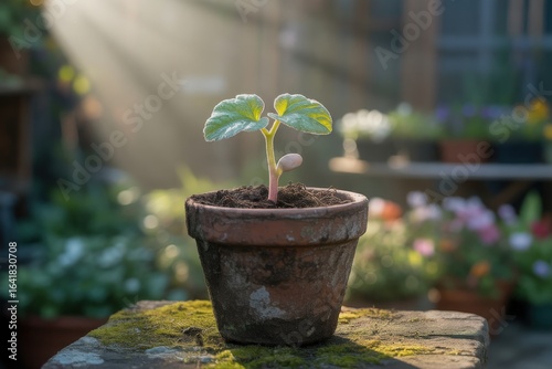 Young plant sprout growing in a pot under sunlight rays