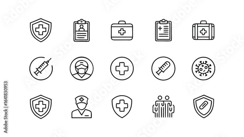 Vector art of collection of medical and healthcare icons including a shield with a cross, medical bag, syringe, doctor, nurse, virus, and other healthrelated symbols, isolated