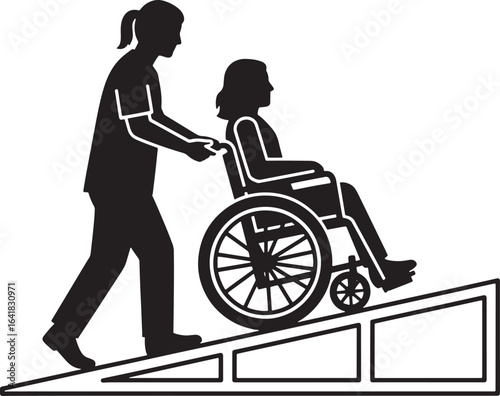 A person in a wheelchair is being assisted up a ramp by a caregiver. Black and white vector illustration.