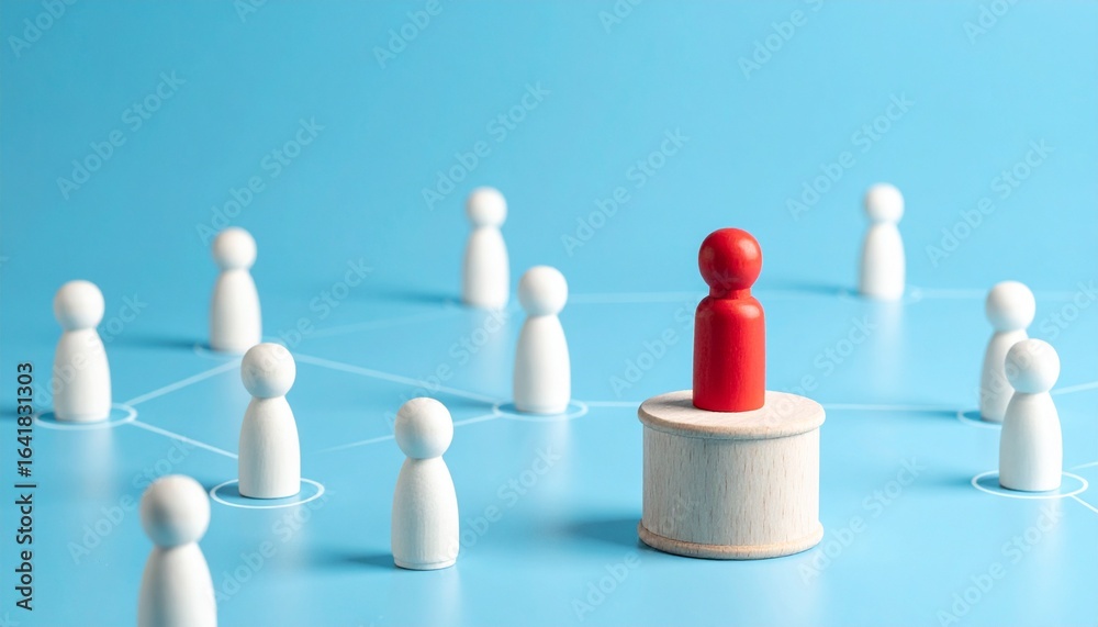 Obraz premium A unique red figure stands elevated amongst a group of white figures, symbolizing leadership and distinction