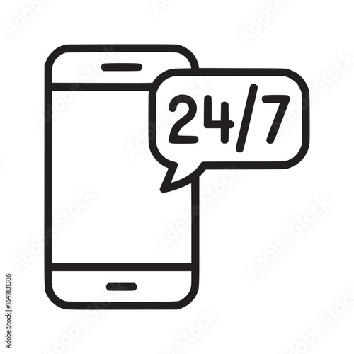 A line drawing of a smartphone with a speech bubble indicating twenty four seven service available now