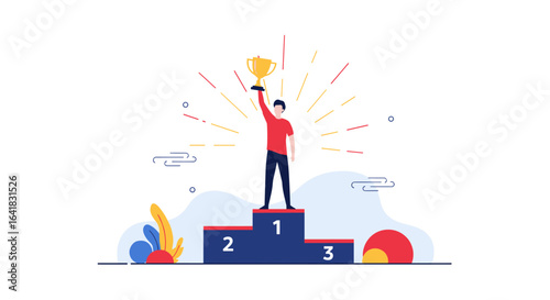 Champion holds trophy high on podium celebrating victory and success