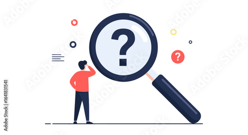 Small person examines giant magnifying glass with question mark inside depicting research and discovery