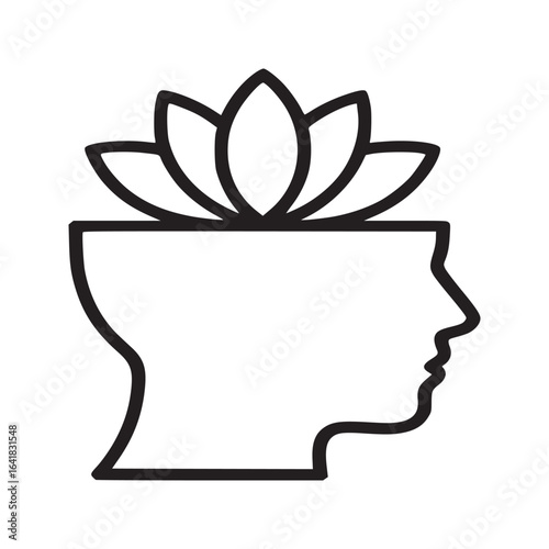 Outline of a head profile with a lotus flower on top representing mindfulness and spiritual growth