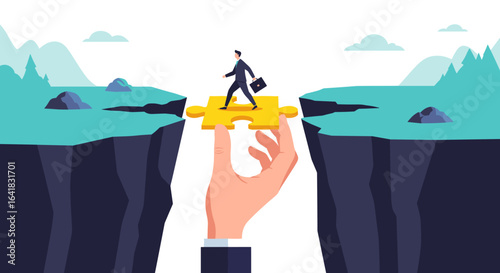 Business strategy bridging gap using puzzle piece for overcoming challenges and achieving goals