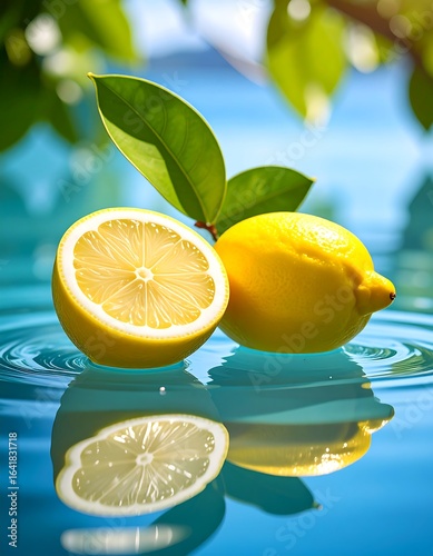 Two lemons, one halved, rest on calm water, reflecting their forms