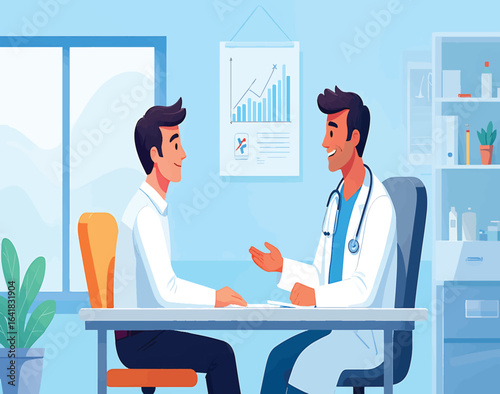 Doctor and patient discussing medical results during a consultation in a modern clinic office. Healthcare vector concept.