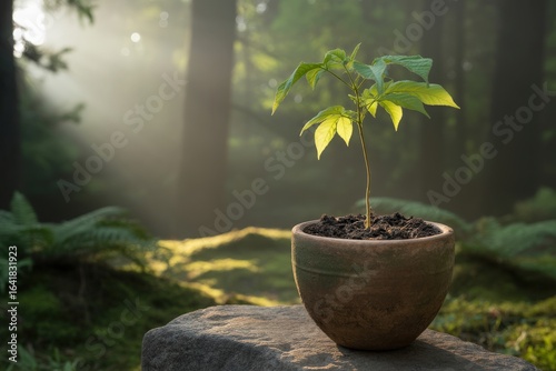 Young sapling in a pot bathed in forest sunlight