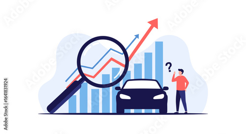 Automotive market analysis using growth charts magnifying glass and question mark symbol