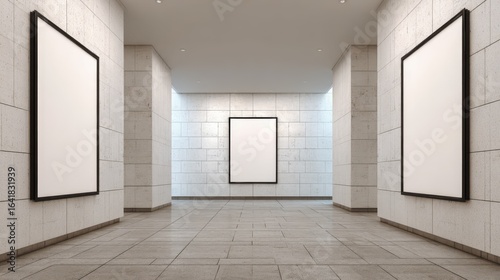 Modern Art Gallery Interior with Blank Frames for Exhibition, White Walls, Minimalist Design