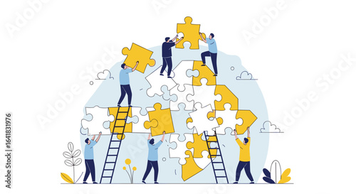 Teamwork and collaboration building a complex puzzle together to achieve goals