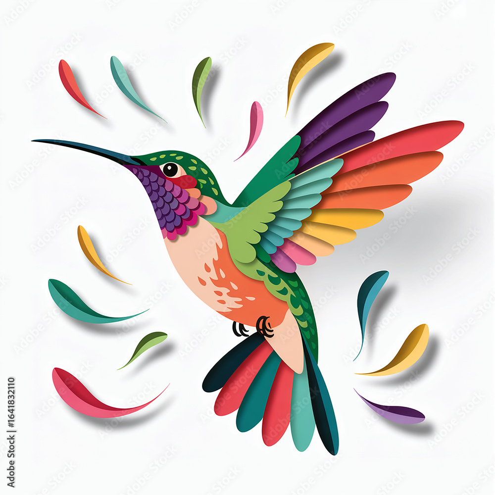 Obraz premium Colorful Hummingbird Flying Illustration with Paper Cutout Design Isolated on White Background for Decoration and Creative Projects