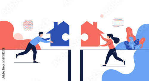 Two people putting together puzzle pieces of houses representing homeownership cooperation and partnership
