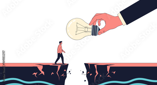 Man crossing gap on cliff edge receiving light bulb idea solution